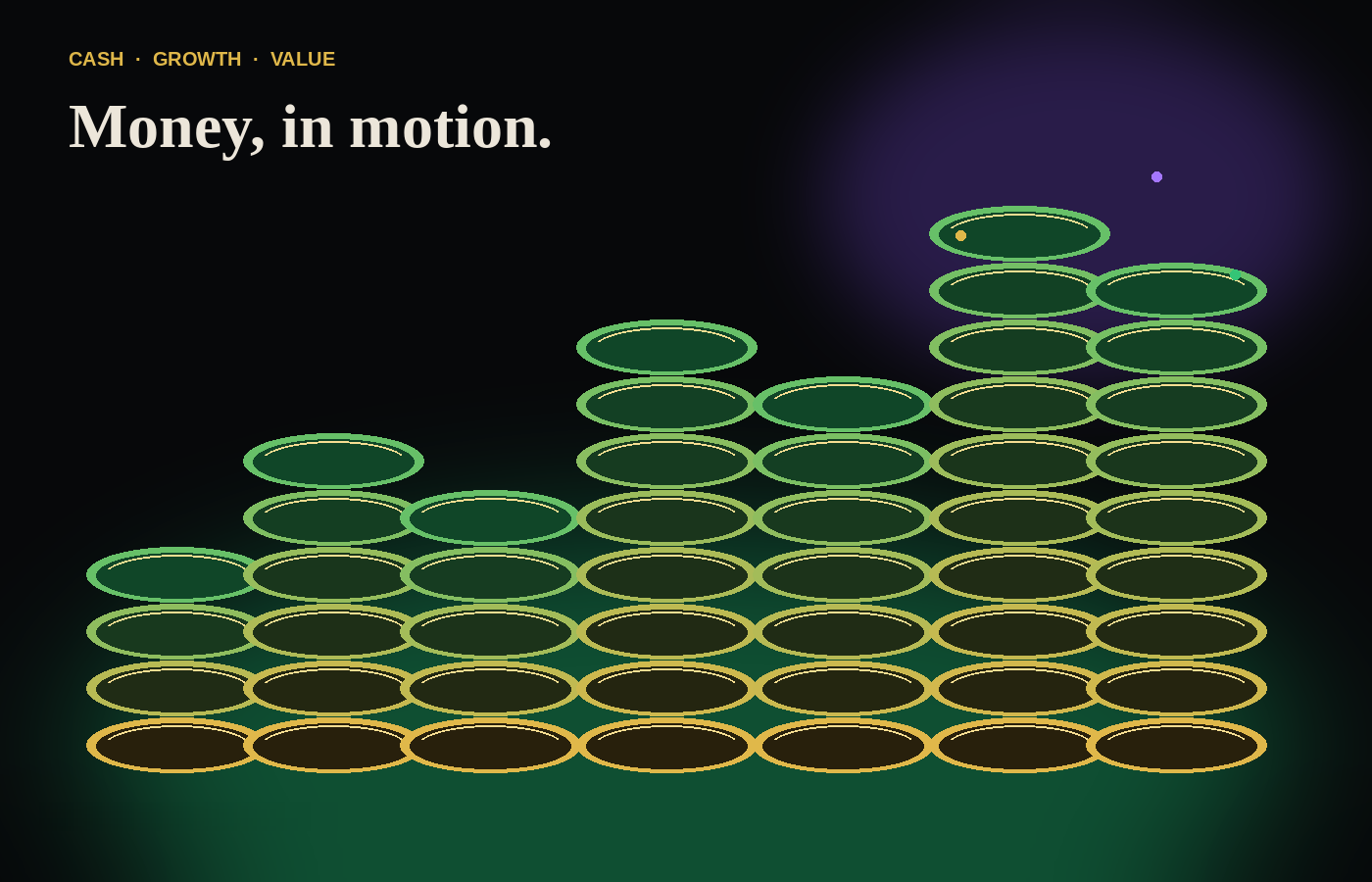 Stacked abstract discs in green and gold.